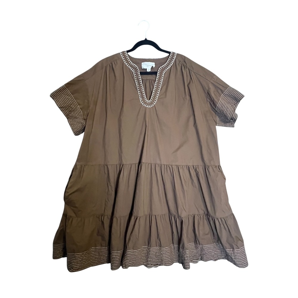 Pomander Place Tiered Mini Dress Womens XXL Brown Cotton V-Neck Boho Pockets